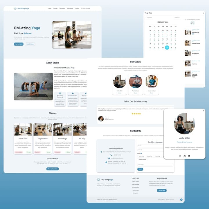 Complete landing page for Om-azing Yoga studio developed by Valerii Kim, featuring an interactive class schedule, instructor profiles, and a booking system.
